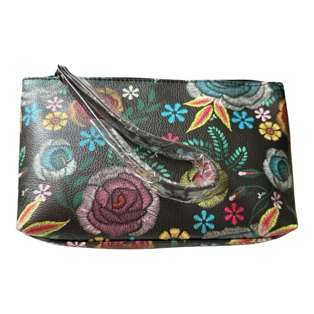 Justin Essentials Pouch – Black Floral Zip Bag with Card Slots – NWT